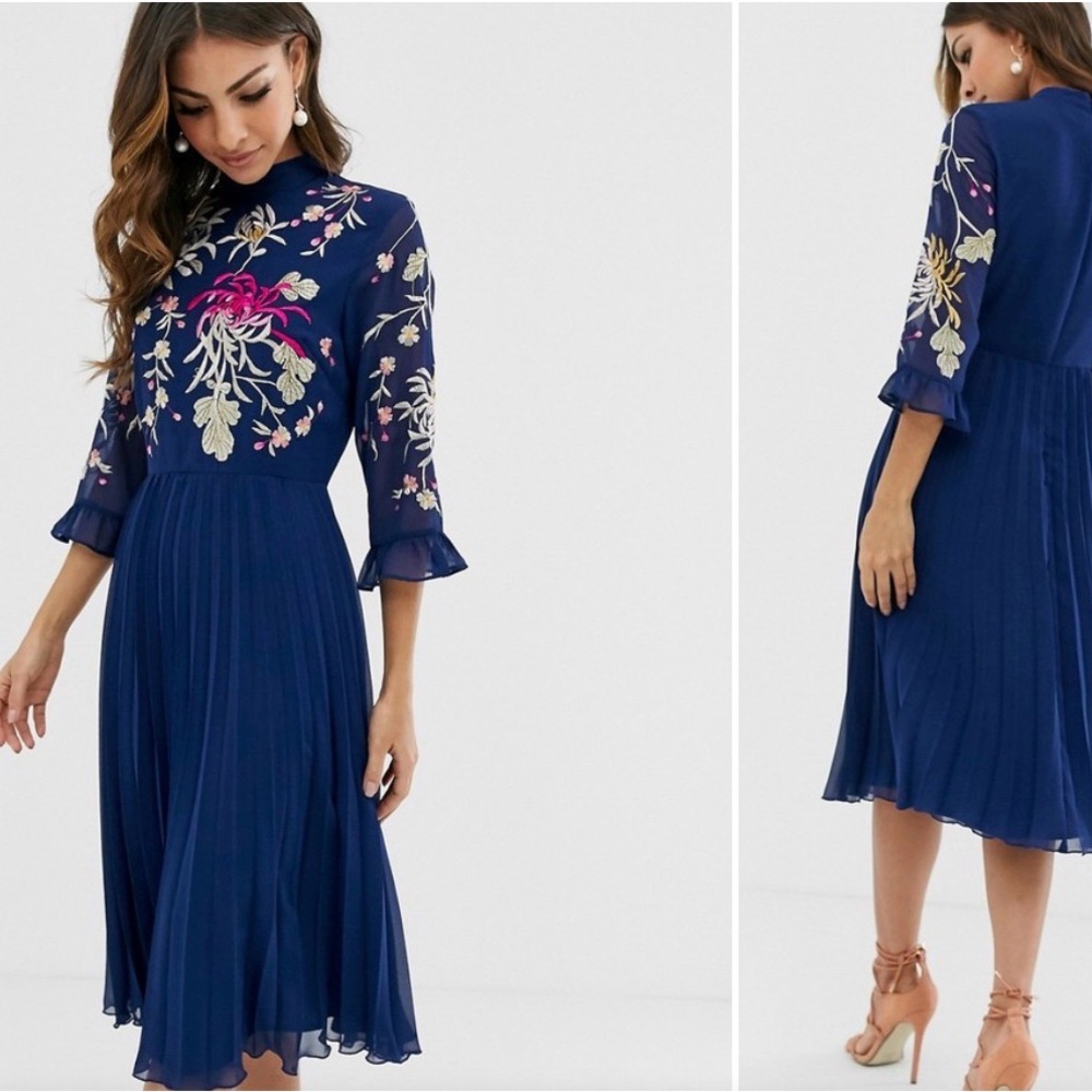 ASOS design Embroidered Navy Midi Dress US SIZE 4 small
